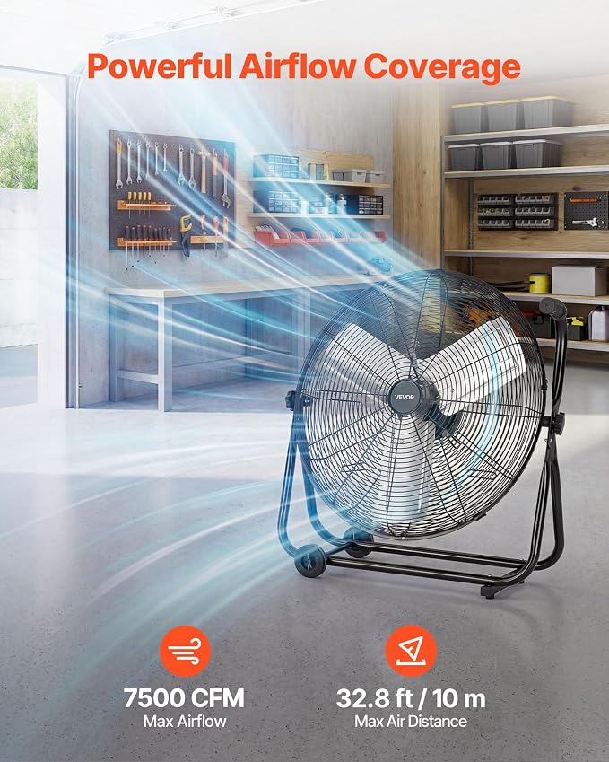 VEVOR Industrial Shop Fan, 24 Inch Floor Drum Fan, High Velocity 7500 CFM, Heavy Duty Aluminum Blades, 3 Speeds, 360 Degree Tilt, Ideal for Commercial, Garage, Warehouse, Basement, Workshop, Black