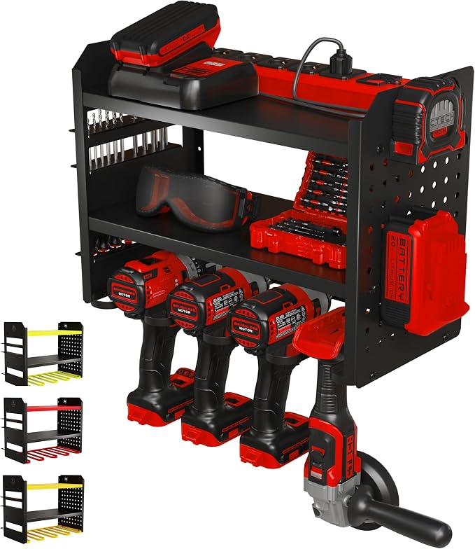 BUILTSTRONG Power Tool Organizer Wall Mount – 3-Tier Heavy-Duty Steel Rack, 4 Drill Slots, Pegboard + Utility Side, 100 lb Capacity – Garage, Workshop & Shed Storage (Black)