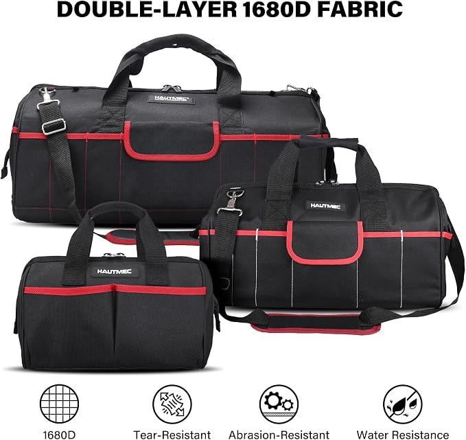HAUTMEC 3-Piece Large Tool Bag Set (12” / 18” / 24”), Heavy-Duty 1680D Wide Mouth Tool Bag with Metal Frame, Foldable Tool Tote Bag with Non-Slip Base, Double Zippers & Padded Shoulder Strap – HT0297