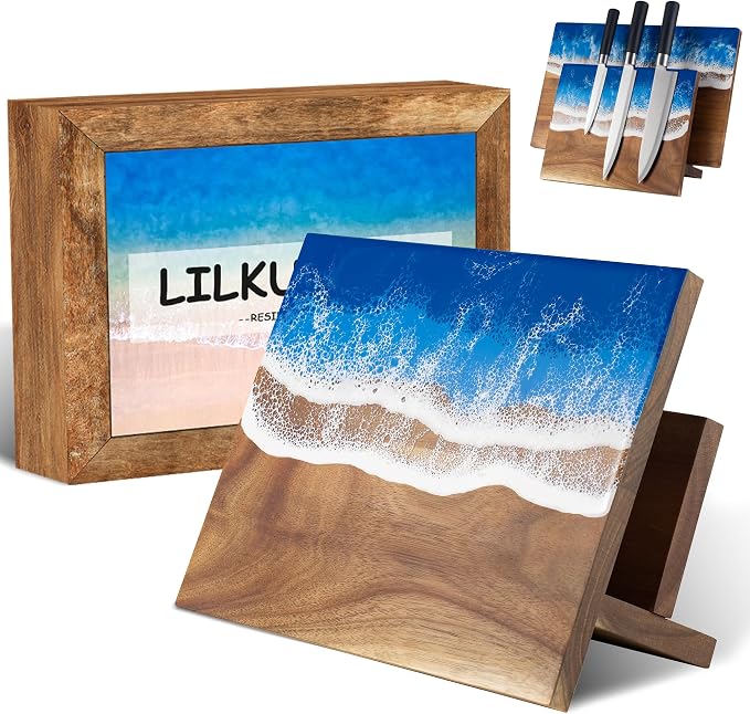 Magnetic Knife Holder Stand Acacia Wood Resin Knives Block Holder with Unique Ocean Wave Resin Design & Dish Holder for up to 9″ Knives Kitchen Storage Solution Chef Gift (Without Knives)