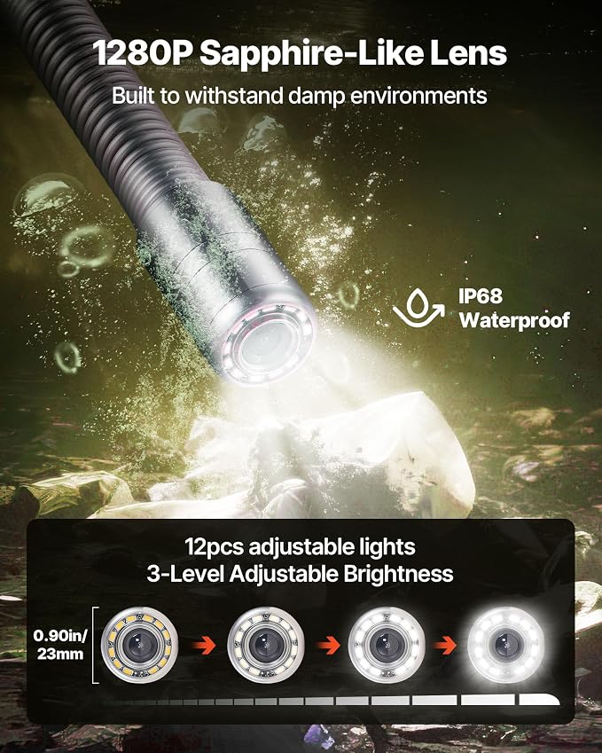 VEVOR Sewer Camera, 98 ft/30m, Self-Leveling Drain Inspection Camera with 4.3" 1080P HD Screen, IP68 Waterproof Snake Plumbing Camera with Lights - 12 LEDs & 16GB Card for Sewer Line Duct Pipe