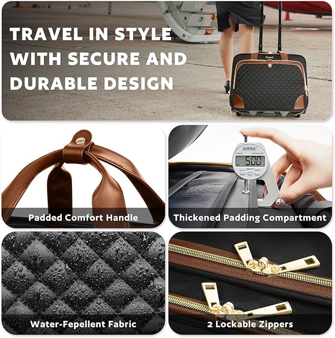 Arcoyard Rolling Laptop Bag, Rolling Briefcase for Women with Waterproof Pocket, 16 Inch Computer Bag, Underseat Carry On Luggage with Wheels for Work Travel Business, Lightweight Black Brown