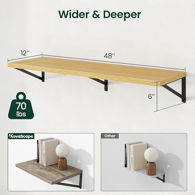 Floating Shelves 12 Inch Deep, 48W x 12D Wall Shelf Set of 2, 70 lbs Heavy Duty Reversible Metal Brackets, Deep Industrial Book Shelf for Living Room Kitchen Bath Bedroom Coffee Bar, Oak