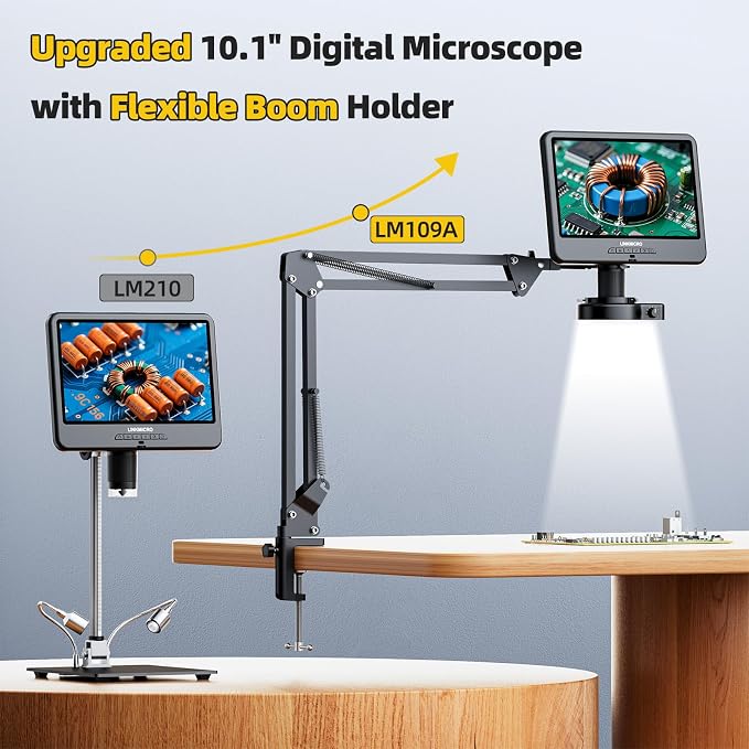 LM109A 10.1'' Digital Microscope with Flex Arm Stand, Soldering Microscope for Adults Electronics, 56 LED Ring Light, Full View Coins Camera Magnifier 260X, PC View