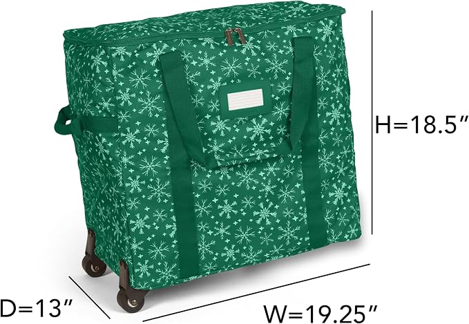 Covermates Keepsakes Rolling Treasurekeeper Storage Bag – Heavy-Duty Polyester with Dual Wheels & Handles – Protects Holiday Decorations with ID Window & Dual Zipper Access, Green Snowflake