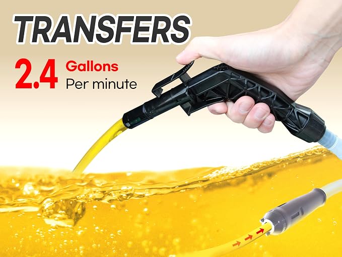 [LITE DELIGHT] Transfer Pump w/Auto-Stop Overfill Protection for Fuel, Water & More, 2.4 GPM, AA Battery Included, Ergonomic Nozzle, Universal & VP Racing Can Adapters, 51” Hose, PLUS a Manual Siphon
