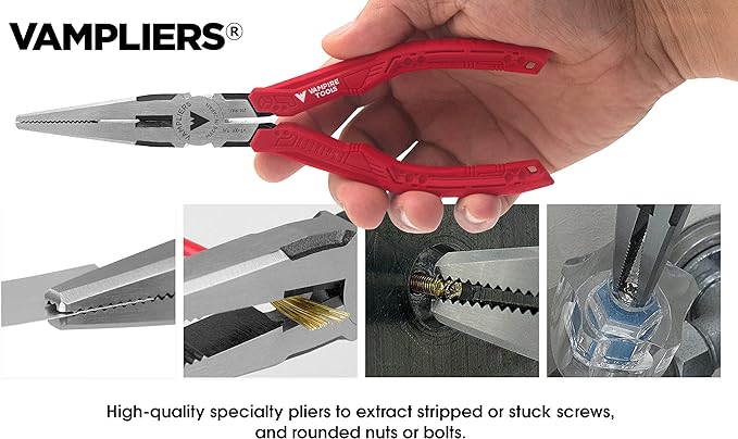 VAMPLIERS 2-PC Screw Extractor Pliers Set. Made in Japan: 7.5” Long Nose + 8" Heavy Duty Linesman Pliers. High Carbon Steel. For Removing Stripped/Rusted/Damaged/Security Screws.