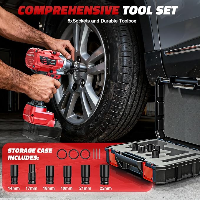 Cerycose 1000 FT-LBS Cordless Impact Wrench 1/2" Compatible with Milwaukee 18V Battery – with 6 Sockets and Toolbox, Brushless Electric Impact Gun, Includes LED Work Light – High Torque Driver