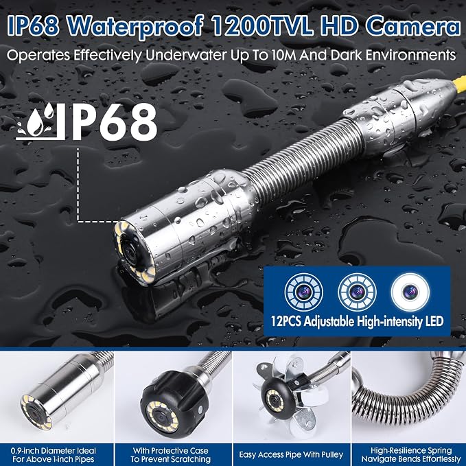 Drain Sewer Camera 100FT,w/ 32GB Card,4.3'' HD Video Screen(360°Rotatable) | JQKJCAM HD Sewer Inspection Plumbing Camera Snake w/ 12 Light,Meter Marks,Waterproof 23MM Borescope for Sewer line,Pipes(30m)
