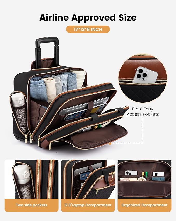 LOVEVOOK Rolling Laptop Bag Women, Briefcase for 17.3 Inch with Wheels Computer Case Work Travel Business，V Quilted-Black-Brown