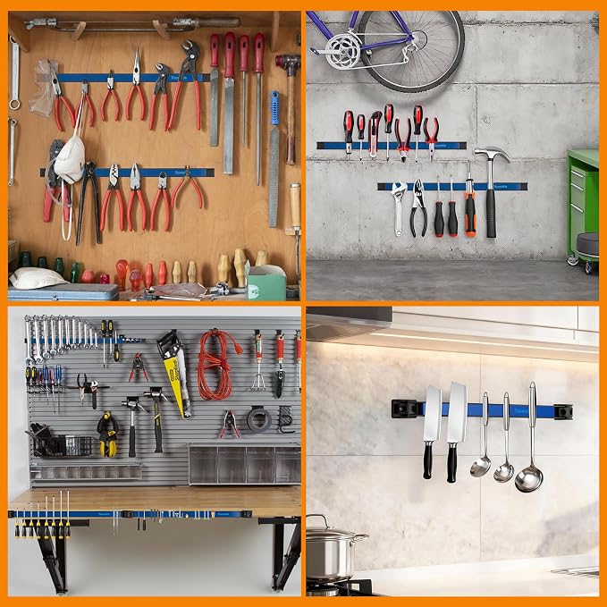 24" Magnetic Tool Holder Strip, 6 Pieces Blue Metal Tool Organizer Rack with Stainless Steel Surface, Magnet Bar for Garage Workshop, Easy To Install with Mounting Screws