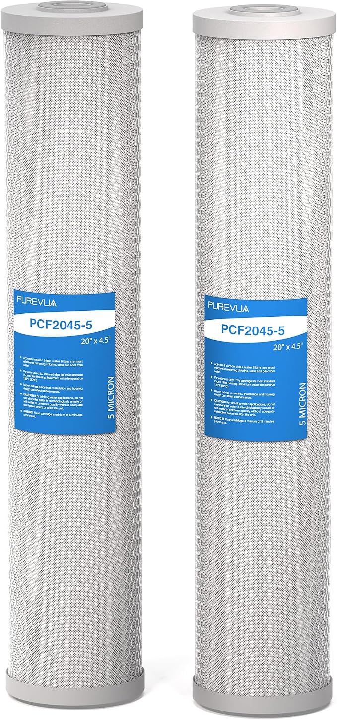 5 Micron 20" x 4.5" Whole House CTO Coconut Shell Activated Carbon Water Filter Replacement Cartridge, Compatible with WCBCFF20, CB-45-2005, CB-BB-20, FC25B, CTO20BB, 2-Pack