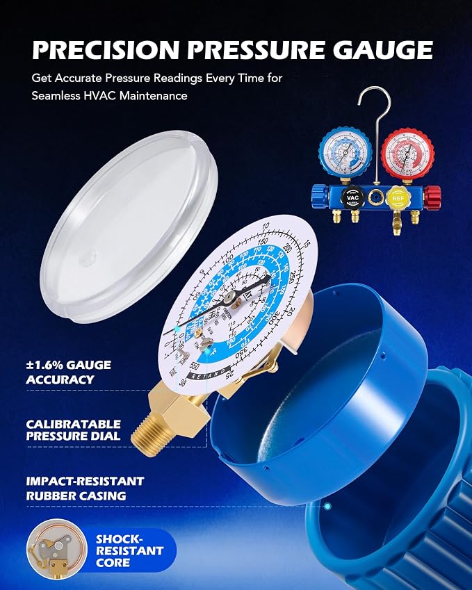 Orion Motor Tech A2L AC Vacuum Pump and Gauge Set, 5 cfm 2 Stage Sparkless Ignition Proof Vacuum Pump for R1234yf R32 R134a R410A System, with 4 Way AC Gauges Quick Couplers Thermometer Can Taps Hoses