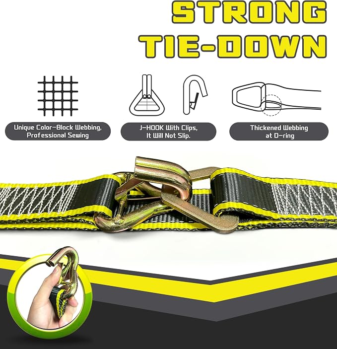 KJE Heavy Duty Car Trailer Tie Down Straps with Reflective - (4) 2" x 10' Ratchet Straps + J-Hooks with Clip, (4) Axle Straps 2" x 36'' - 10,000lbs Break Strength - Use for Car, Truck, UTV Transport