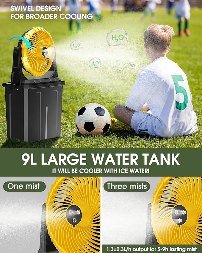 Ausic Portable Misting Fan, 9L 10-inch Outdoor Mist Fans for Outside Patios Cooling, 30000mAh Rechargeable Battery Fan with Water Box, 3 Strong Winds, 3 Spray Mister, Camping/Beach Summer Essentials