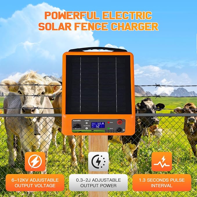 20 Miles Solar Powered Electric Fence, 6-12KV Adjustable Output Solar Charger, 2 Joules Pulse Energy,24H Solar Powered Electric Fence Kit Suitable for Pets,Poultry,Ranches and Gardens