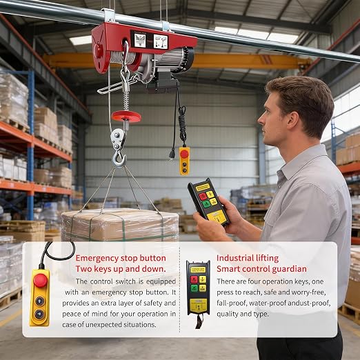 Electric Hoist, 1320 lbs 110V Electric Winch with 328 ft Wireless & 14 ft Wired Remote Control, Single/Double Slings, 40 ft Single Cable Lifting Height, Lift Hoist for Garage Warehouse Factory