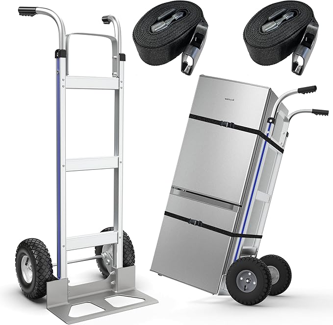 Suzhi Two Large Wheel Hand Truck Dolly Cart with Wheels Heavy Duty/with 2 Wheels / 600Lbs Load, 2 Straps for Furniture/Appliance/Carton/Warehouse/Office /10 Minutes to Install as Video