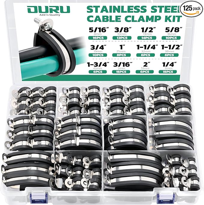 OURU 125PCS Cable Clamp,12 Sizes Stainless Steel Rubber Coated Cushioned Insulated Cable Clamps Assortment Kit-Metal Wire Clamps,Cable Clips,Pipe Clamps