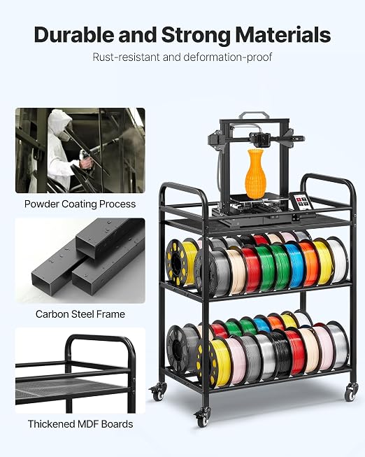 VEVOR 3D Printer Filament Storage Rack, 4 Tier Heavy Duty Storage Shelf, Rolling Filament Spool Holders Racks with Wheels, Filaments Organzied for 3D Printing Station, Office, Workshop (Shelf Only)