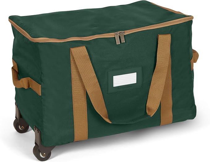 Covermates Keepsakes Rolling Treasurekeeper Storage Bag – Heavy-Duty Polyester with Dual Wheels & Handles – Protects Holiday Decorations with ID Window & Dual Zipper Access, Green