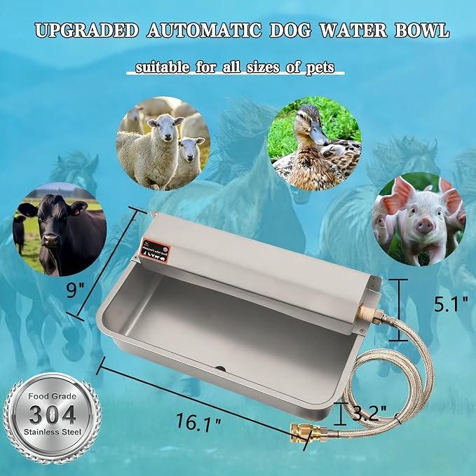 Automatic Dog Water Dispenser with Drain Hole, 304 Stainless Steel Auto Water Dog Bowl with Float Valve, Hose Quick Connect Fitting, Automatic Livestock Waterer for Horse, Chicken (2 Gallons)