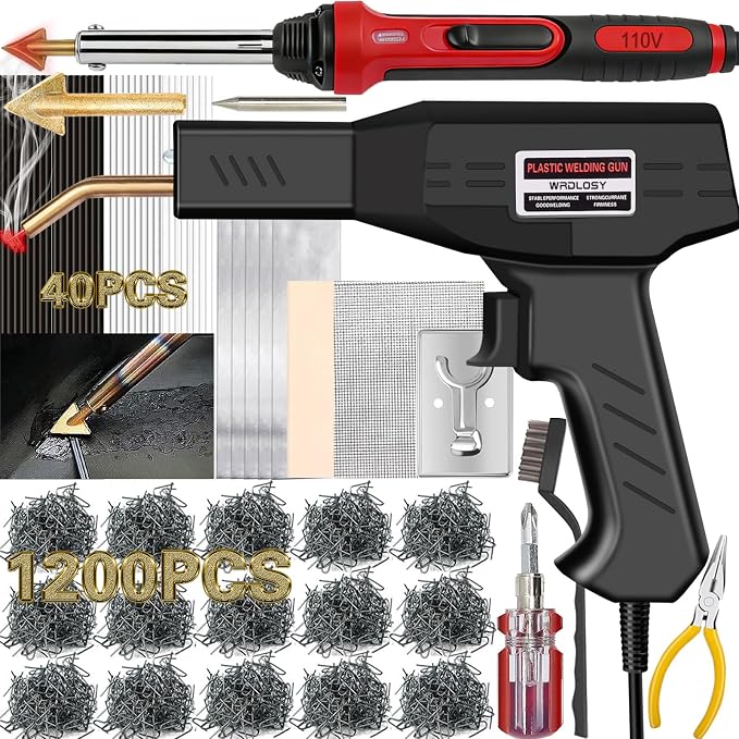 Plastic Welder Kit, 1200PCS Hot Stapler 40PCS Rods, 2 in 1 Welding Gun for Car Bumper Repair | 1200PCS Staples, Stainless Steel Mesh, Aluminum Tape, Sandpaper, Screwdriver, Plier, Stand, for Car Bumper, Dashboard, Kayak