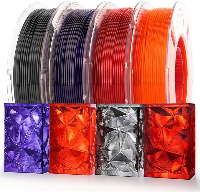 AMOLEN Rapid PETG Transparent 3D Printer Filament 1.75mm Transcucent +/-0.02mm,500mm/s High Speed Strong Toughness Christmas Multicolor Bundle Black/Purple/Red/Orange 250gx4