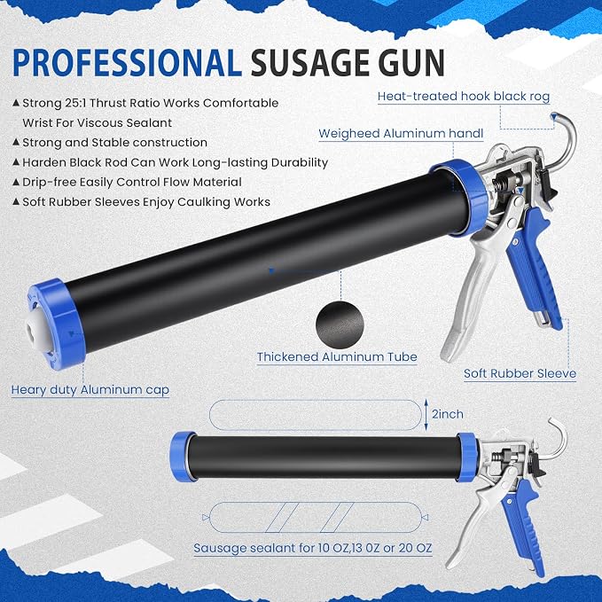 Lasnten Sausage Caulk Gun Kit 600ml/20oz Heavy Duty Silicone Sausage Gun Thrust Ratio 25: 1no-drip Rotating Aluminum Tube Body and Caulking Tools, Sealant Grout Scraper for Kitchen Bathroom Sink Joint