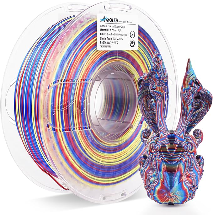 AMOLEN Silk PLA 3D Printer Filament, Shiny Multicolor Rainbow PLA Filament 1.75mm, Fast Color Change PLA 3D Printing Filament for Most FDM 3D Printer, Blue Red YellowGreen