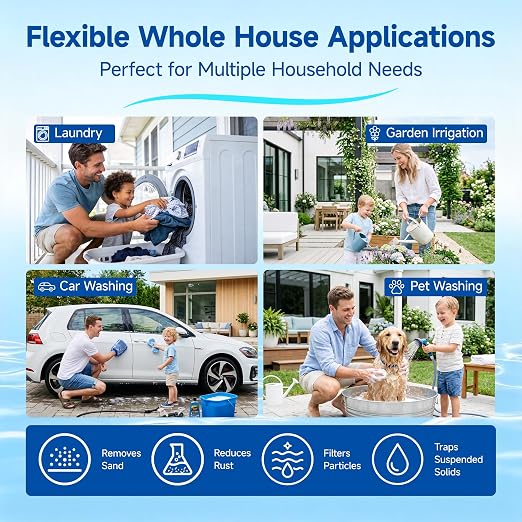 Whole House Big Blue Water Filter System with Drain Valve, PP Sediment Water Filter System 5 Micron, 10" x 4.5" Housing, 1" FNPT Ports, Reduces Sand, Rust, Silt & Dirt, Protects Plumbing & Appliances