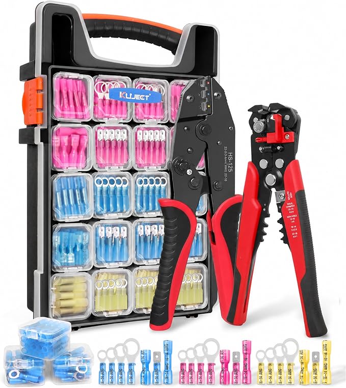 Kuject Crimping Tool Kit with 340 PCS Heat Shrink Connectors | AWG 22-10, Portable All-in-One Case, Ratchet Crimper, Self-Adjusting Wire Stripper , Butt, Ring, Female & Male Connectors
