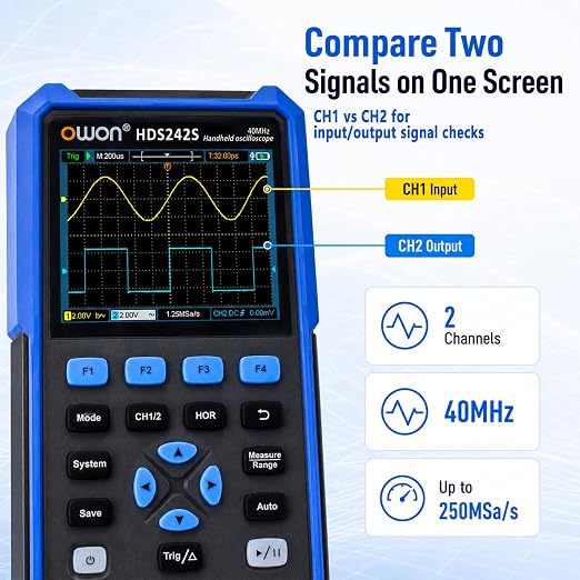 HDS242S Oscilloscope, 2 in 1 Dual Channel 40MHz Bandwidth Handheld Oscilloscope Multiumeter with Waveform Generator for Automatic Measurements, Electronic Measurement 3.5 inch LCD