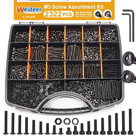 weideer 2322pcs Metric Screws Assortment,M3 Screw Assortment Kit,M3x4MM-35MM,12.9 Alloy Steel Hex Socket Head 10.9 Alloy Steel Hex Button Head,Bolts Nuts and Washers with Allen Wrench for 3D Printing