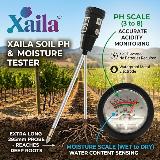 Xaila 2-in-1 Soil pH & Moisture Meter, 300mm Probe – Replacement for Standard Testers, No Battery, Deep Penetration for Garden, Farm, Lawn, Indoor/Outdoor Plants