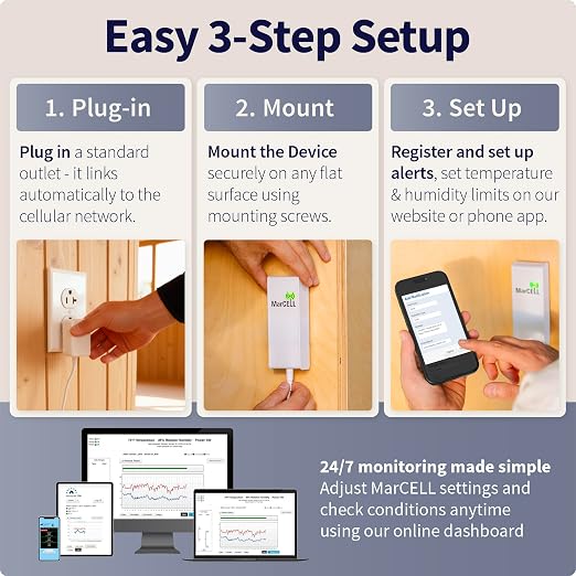 MarCELL Home/Cottage Watch Bundle (Verizon) - Vacation Home Temperature Monitor, Humidity & Power Monitor - Made in The USA with Included Water Leak Detectors (sPucks) - 24/7 Instant Alerts