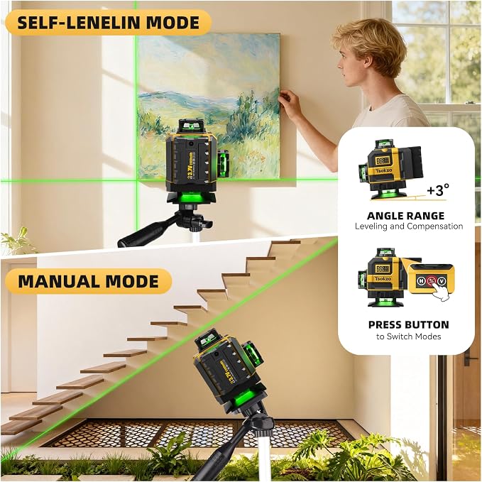 16 Lines Laser Level with Tripod - Green Cross Line Laser, 4x360° Self Leveling Laser Level, 4D Self Leveling Tool for DIY Picture Hanging, Home Renovation, Indoor Project, 2 Batteries Included