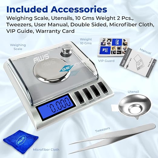 AWS Gemini-20 Milligram Scale 20g x 0.001g–Digital Jewelry/Lab Scale for Powder, Gold, Gems – Includes Calibration Weights, Tweezers & Tray–Tare, Cal, 6 Units (Gemini - 20 - Silver)