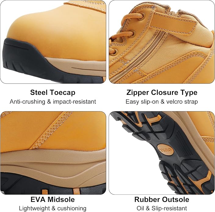 5" Waterproof Steel Toe Work Boots for Men, Safety Shoes with Side Zipper, ASTM F2413-18 Certified, Puncture-Proof Kevlar Midsole, Oil & Slip Resistant Rubber Sole, Construction Safety Boots(OX2518)