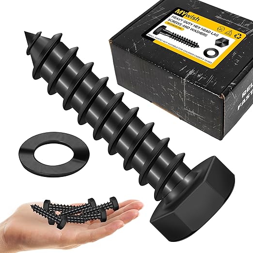 Mywish (50Sets) 3/8" x 1-1/2" Lag Bolts, 304 Stainless Steel 3/8 inch Lag Screws Bolts for Wood, Heavy Duty Hex Head with Flat Washers Bolt Kit, Black Oxided