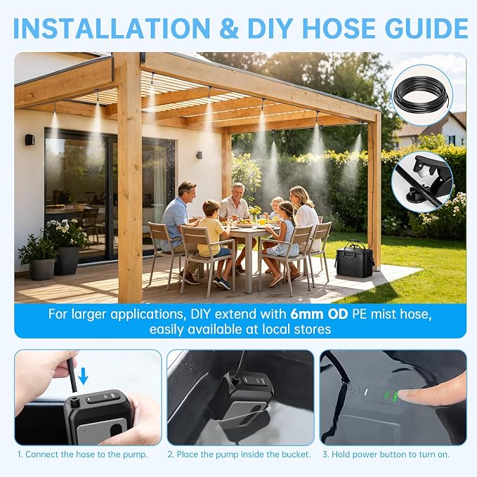IGRL 26FT Portable Misting System for Cooling, Misters for Outside Patio with 20L Foldable Tank, 6000mAh Pump & 6 Adjustable Brass Nozzles for Umbrella, Camping, Golf Cart, Sport