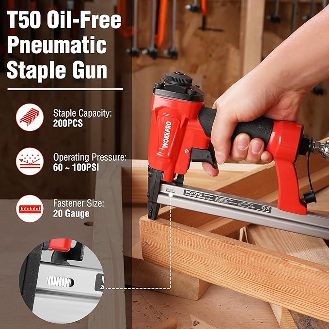 WORKPRO Pneumatic 20 Gauge Staple Gun, Oil-Free T50 Upholstery Stapler with 1260pcs 1/4" to 5/8" Staples, Extended Magazine, 200-count Staple Capacity, for Carpentry, Woodworking and DIY Projects