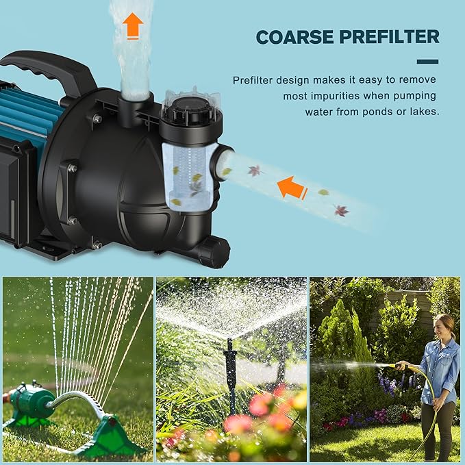 FLUENTPOWER 1.5HP Portable Garden Booster Pump with Prefilter, 1200GPH, Lift 151FT, Shallow Well Jet Pump, Water Transfer Draining Pump for Home Garden Lawn Sprinkler Irrigation