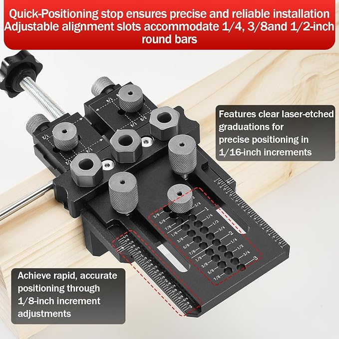 Woodworking Dowel Jig Kit, Precision Drill Guide with 1/4 3/8 1/2 Inch Bushings & Drill Bits, Adjustable Doweling Jig for Straight Holes, Quick Clamp System for Furniture Cabinet DIY Wood Joints