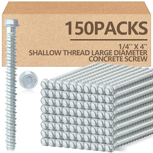 Tandefio 150 Pack 1/4 x 4 Concrete Screw Anchors Galvanized Large Diameter Heavy Duty Plated Concrete Anchors for Masonry Brick Anchoring Block Decking Framing Hex Drive