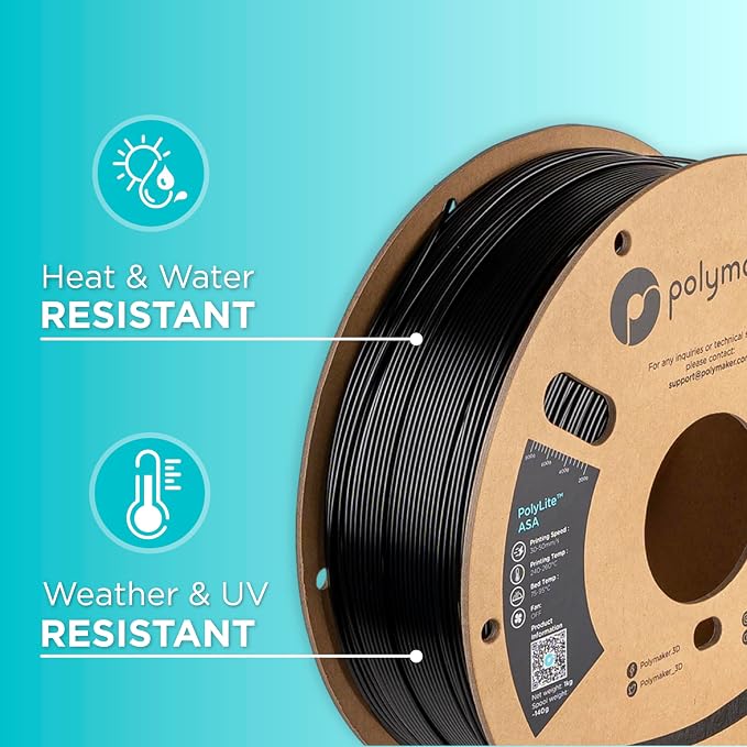 Polymaker ASA Filament 1.75mm Jet Black, 1kg ASA 3D Printing Filament, Heat & Weather Resistant - ASA 3D Printer Filament Perfect for Printing Outdoor Functional Parts
