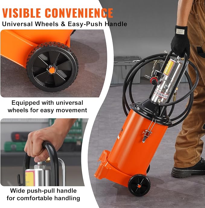 VEVOR Grease Pump, 3 Gallon Air Grease Pump with 13 ft High Pressure Hose and Grease Gun, 12L Pneumatic Grease Pump with Wheels, Portable Lubrication Grease Pump