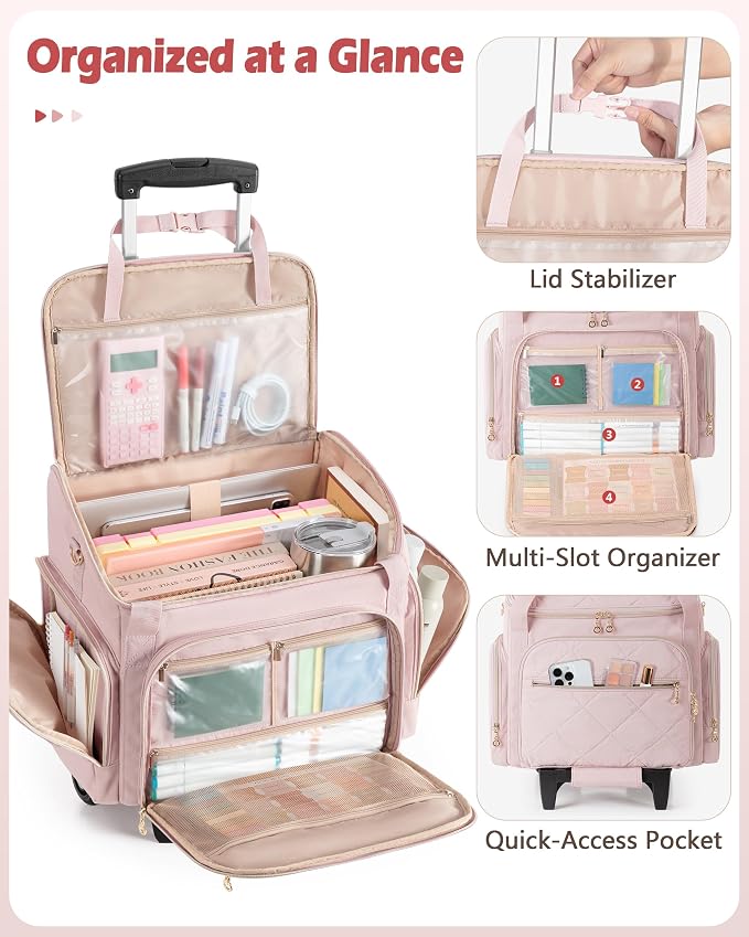 Marscamd Rolling Teacher Bag with 15.6" Laptop Compartment, Wheeled Work Briefcase Tote with Detachable Trolley for Women, Pink