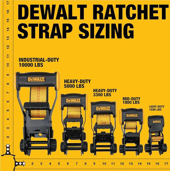 DEWALT DXBC18001-12PK Black/Yellow 1.25" x 12' Ratchet Tie Down Straps - Light-Weight Cargo Hauling (1800 lb Break Strength), 12 Pack
