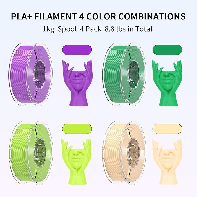 RAMBERY PLA+ 3D Printer Filament, Purple/Green/Bright Green/Skin, 4KG | PLA Plus Filament Bundle Toughness Upgraded, 1.75MM, Fit Most FDM Printers, 1KG X 4 Spools
